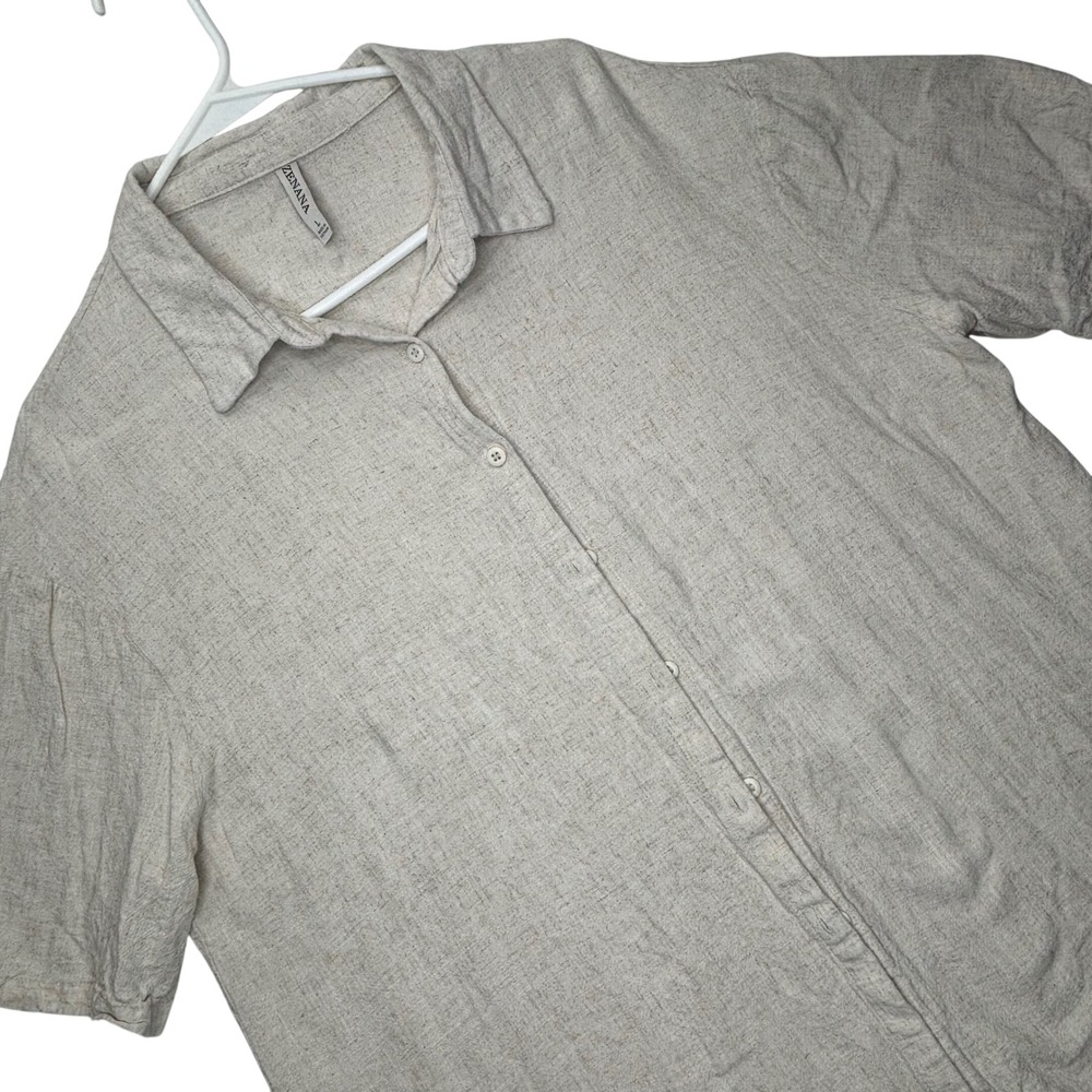 Zenana Shirt Mens Large Oatmeal Beige Linen Blend Short Sleeve Button Up